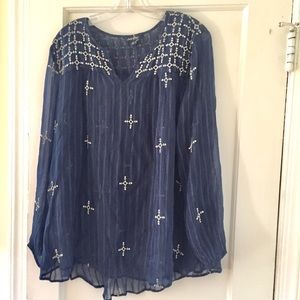 Lucky Brand Blue Semi Sheer Embroidered Blouse
